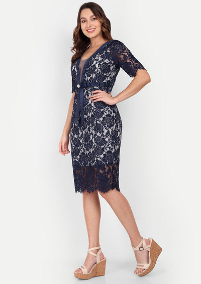 Navy Blue Bodycon Midi Dress With A Plunge V-Neckline And Sheer Lace Detailing