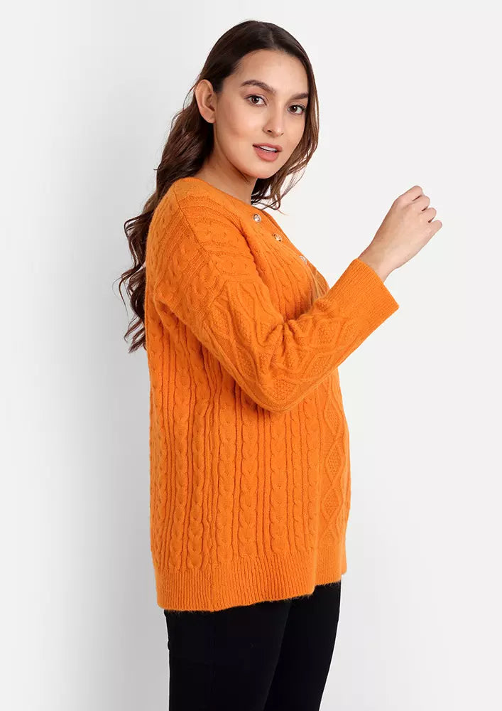Orange Oversized Cable Knit Sweater With Chain Detailing