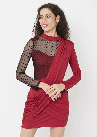 Wine Red Asymmetrical Mesh Turtleneck Ruched Bodycon Party Dress