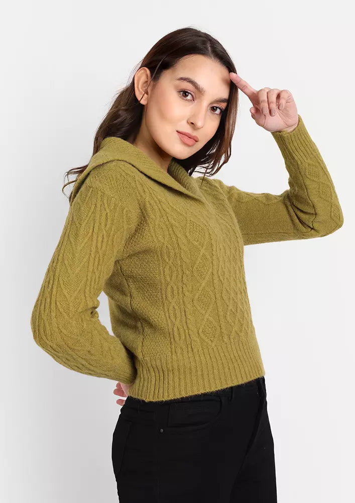 Khaki Cable Knit Sweater With Large Lapel Collar