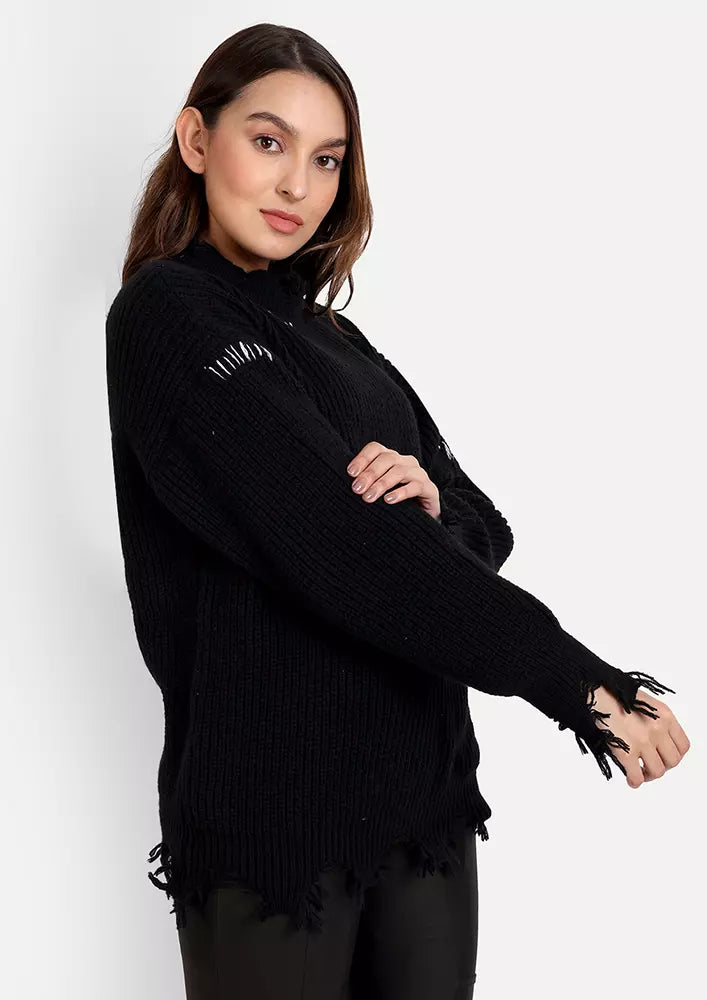 Black Long Oversized Pullover With Fringed Hem