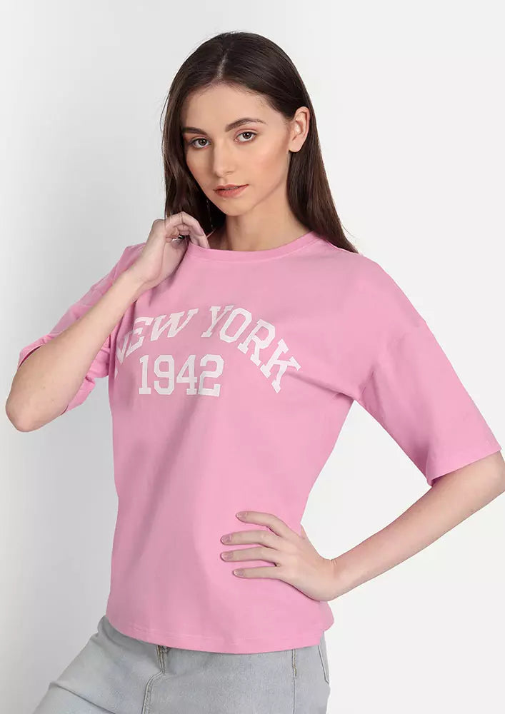 Pink Printed Oversized Short Sleeve T-Shirt