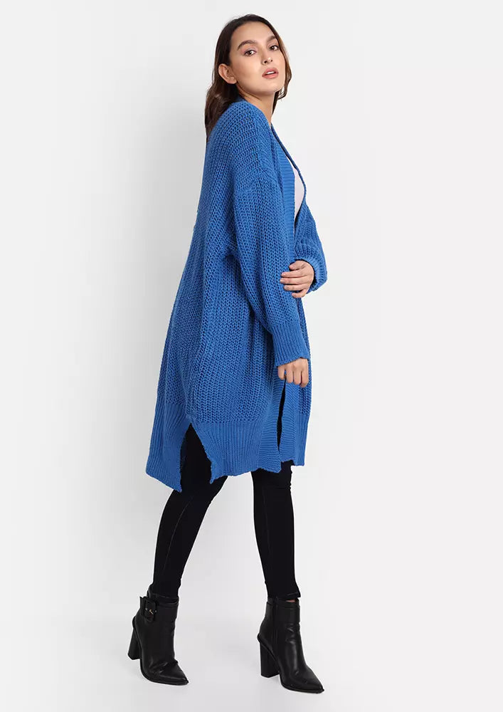 Blue Ribbed Knit Loose Fit Front Open Midi Cardigan