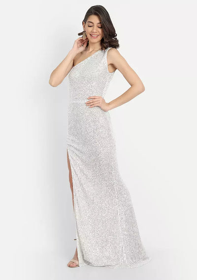 Silver Premium One Shoulder Sequin Gown