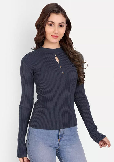Blue Crew Neck Sweater With Cutout Detailing & Golden Buttons