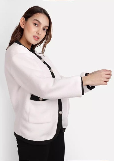 Black & White Color Block Front Button Up Soft Fleece Cardigan