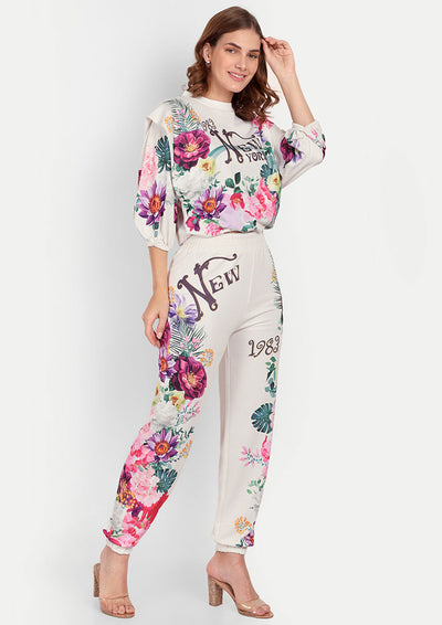 Floral Print Round Neck Crop Top And Joggers Set