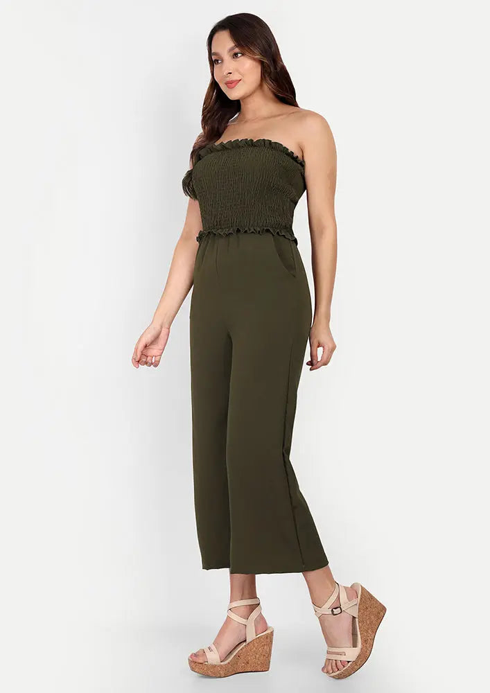 Army Green Off-Shoulder Wide Leg Jumpsuit IKI CHIC Private Ltd