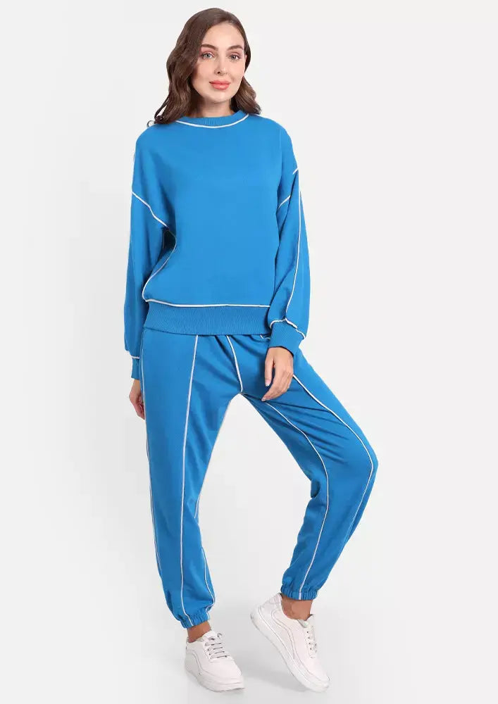 Light Blue Crew Neck Contrast Detail Oversized Joggers Set IKI CHIC