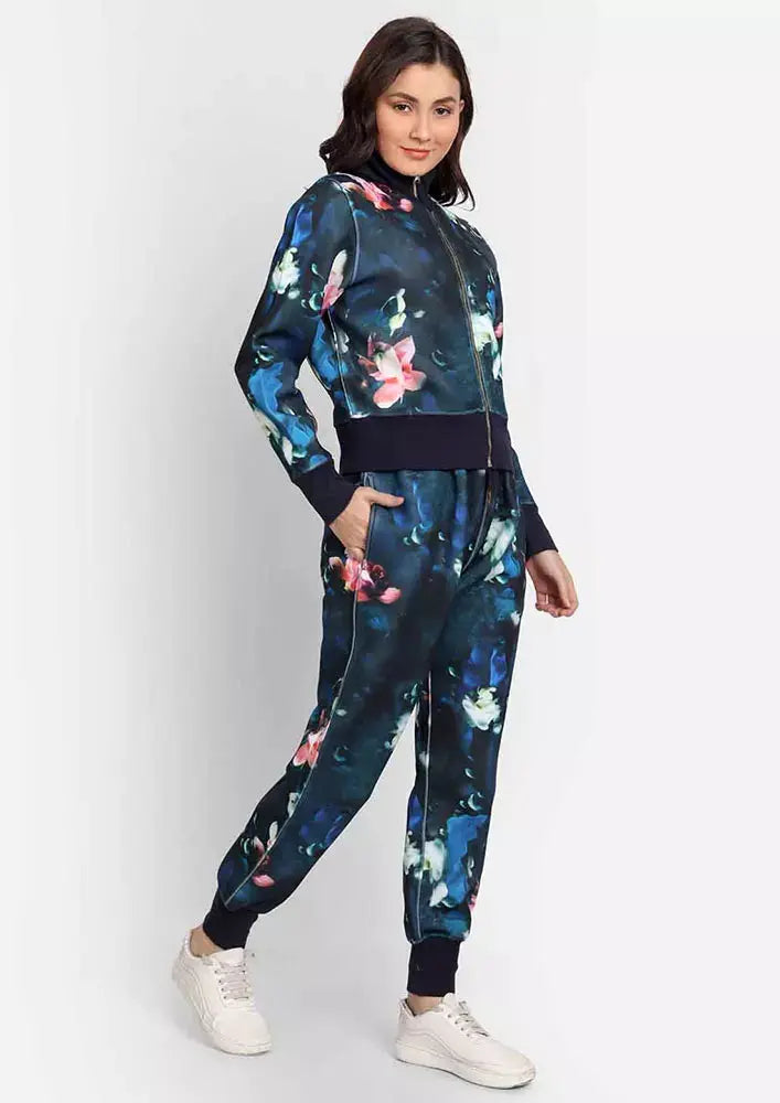 Blue Floral Print Scuba Jogger Set IKI CHIC Private Ltd