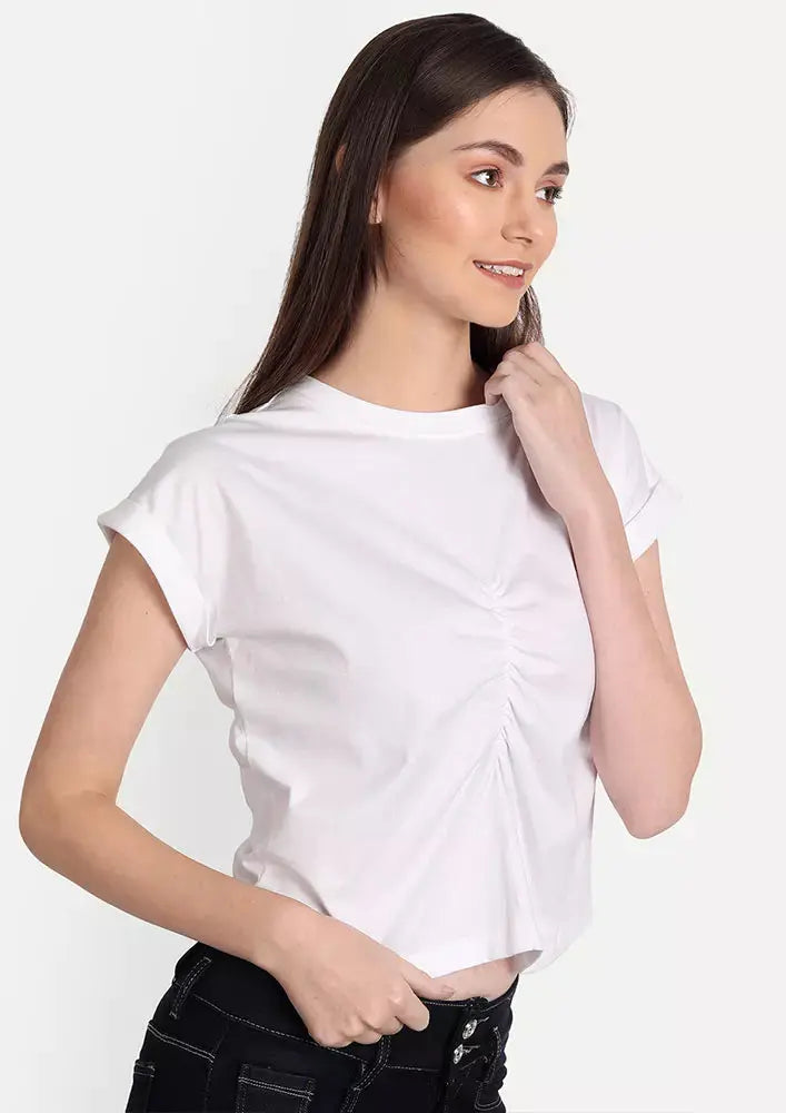 White Front Gathered Short Sleeve Top IKI CHIC Private Ltd