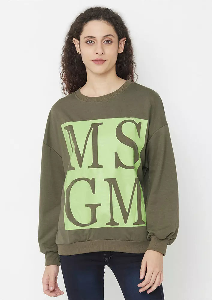 Army Green Full Sleeve Slogan Printed Sweatshirt