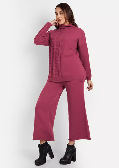 Dark Pink Cable Knit Turtle Neck Sweater With Wide Leg Pants