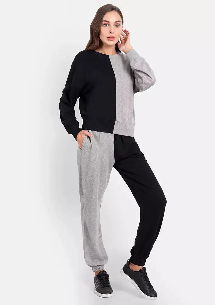 Black- Grey Round Neck Colourblocked Jogger Set IKI CHIC