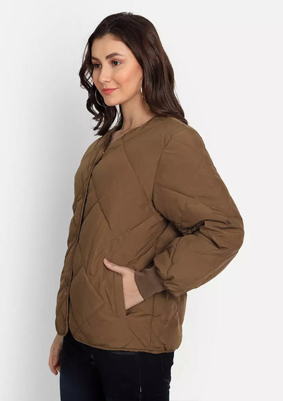 Brown Puffer Jacket With Button Detailing