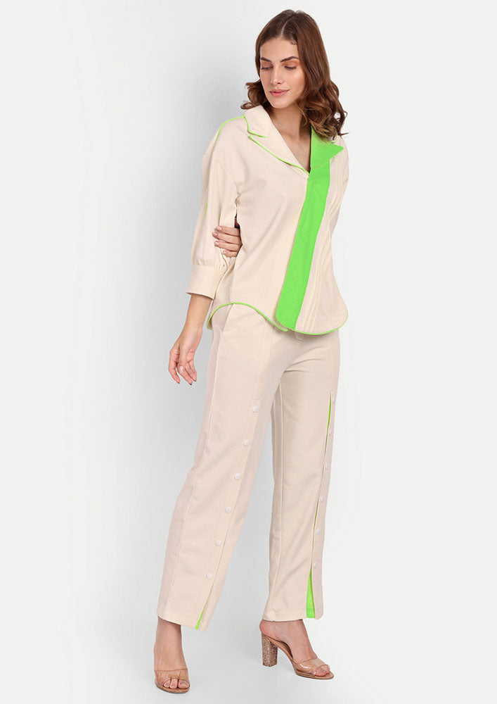 Off-White And Neon Colorblock Asymmetric Shirt And High Waisted Pants
