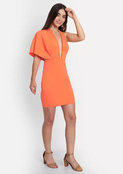 Orange Plunge One Shoulder Backless Bodycon Mini Dress