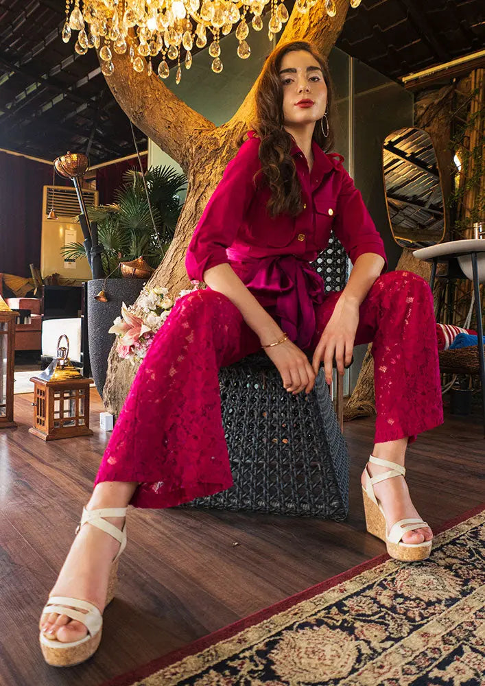 Viva Magenta Linen Shirt With Golden Button Detailing And High Waisted Lace Pants IKI CHIC Private Ltd