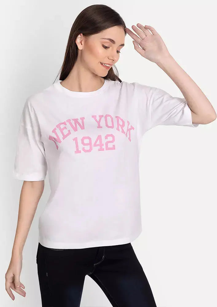 White Printed Oversized Short Sleeve T-shirt IKI CHIC Private Ltd