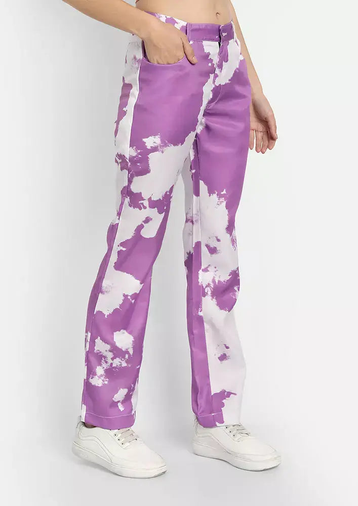 Purple Tie-Dye Coated Straight Fit Pants IKI CHIC Private Ltd
