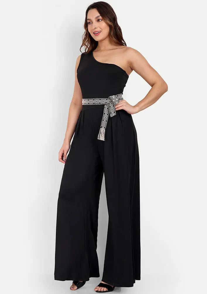 Black One Shoulder Wide Leg Jumpsuit IKI CHIC Private Ltd