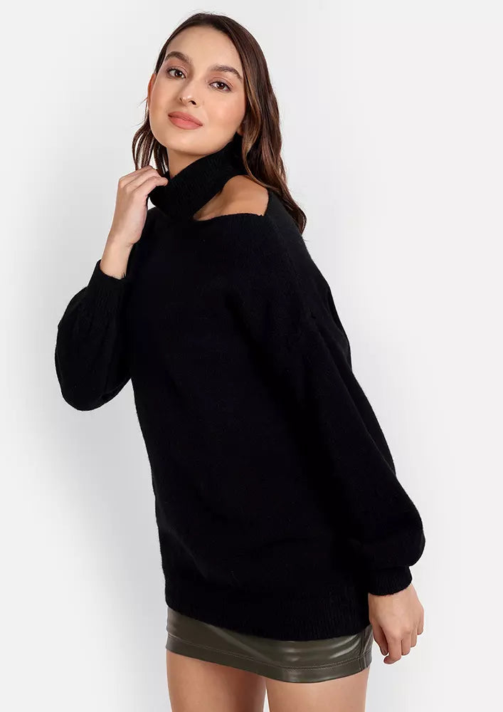 Black Cut-Out Shoulder Turtleneck Sweater