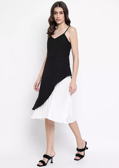 Black Strappy Colorblocked Pleated Midi Dress