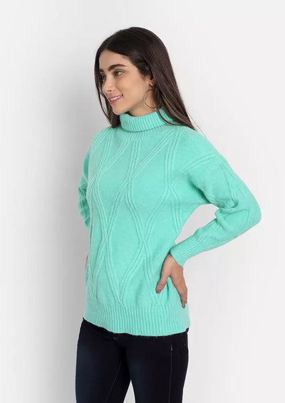 Green Cable Knit High Neck Sweater