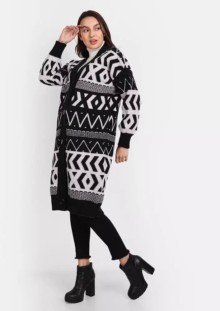 Black & White Midi Length Knitted Cardigan In Geometric Pattern