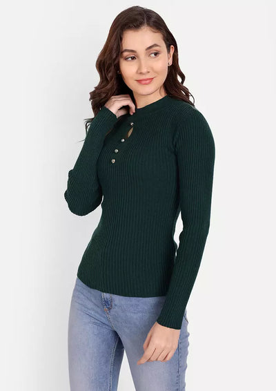Bottle Green Crew Neck Sweater With Cutout Detailing & Golden Buttons