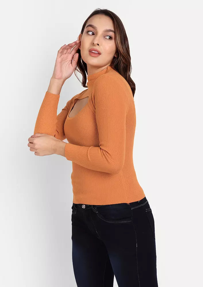 Caramel Mock Neck Pullover With Cutout Detailing