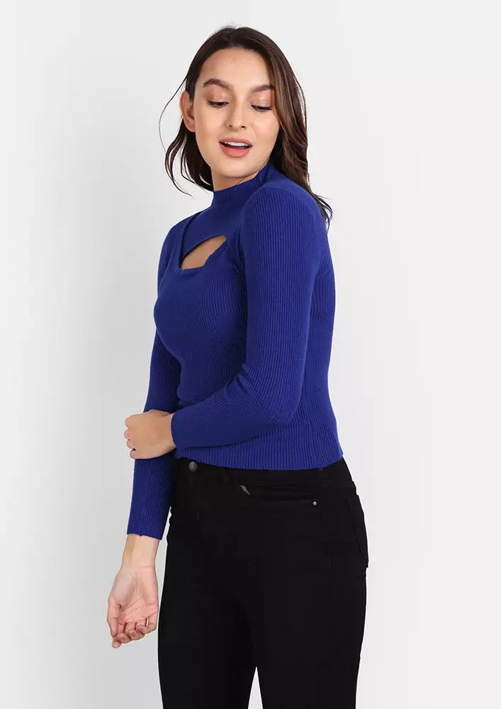 Royal Blue Mock Neck Pullover With Cutout Detailing