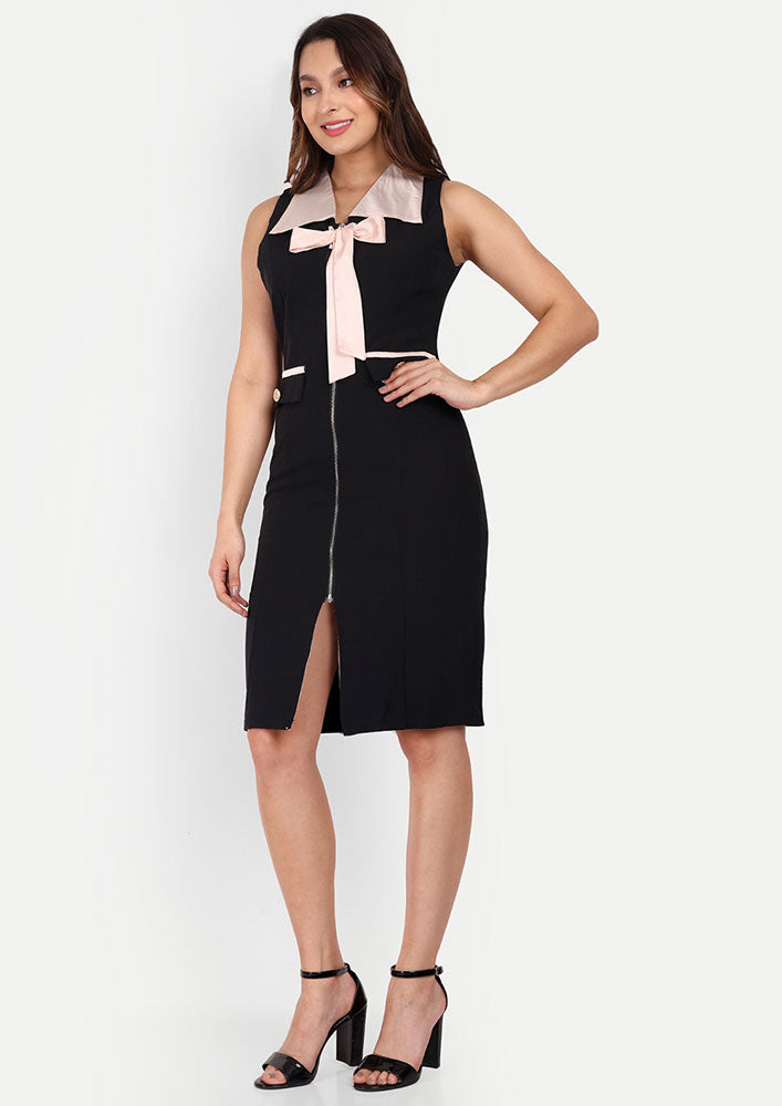 Black Midi Bodycon Dress With Contrast Lapel Collar And Bow