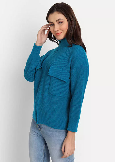 Blue Sweater With Font Zipper and Pocket Detailing