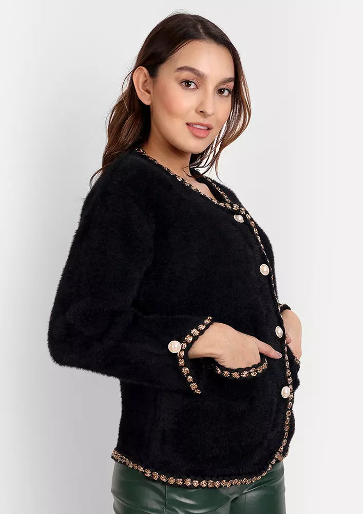 Black Short Mink Fur Front Button-Up Cardigan