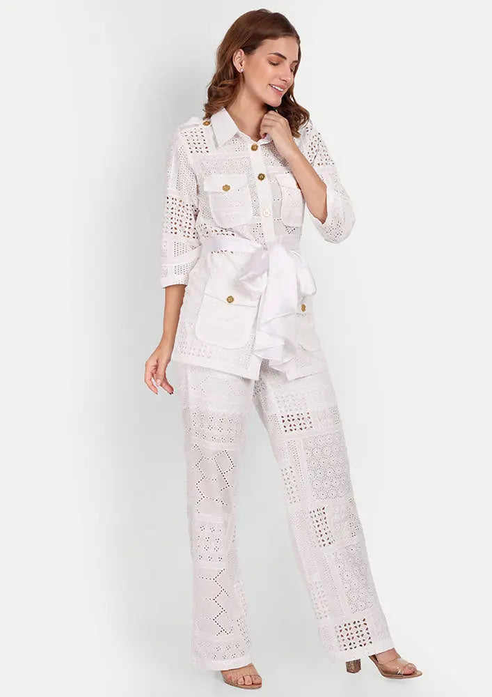 White Schiffli Lace Front Button Up Shirt And High Waisted Lace Pants IKI CHIC Private Ltd
