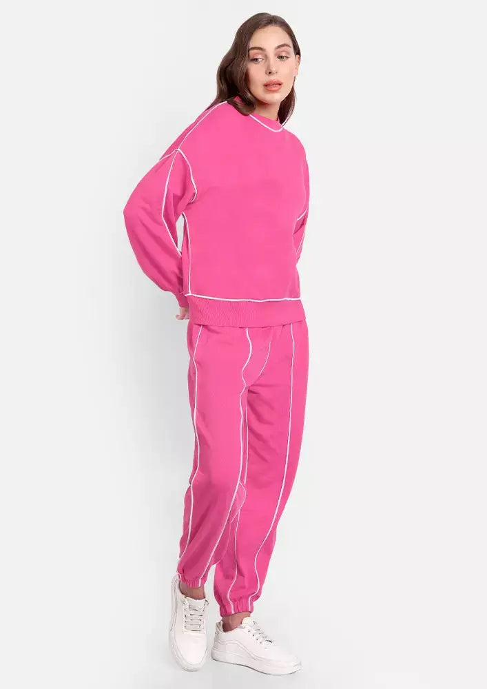Hot Pink Jogger Set with White Piping Highlight IKI CHIC