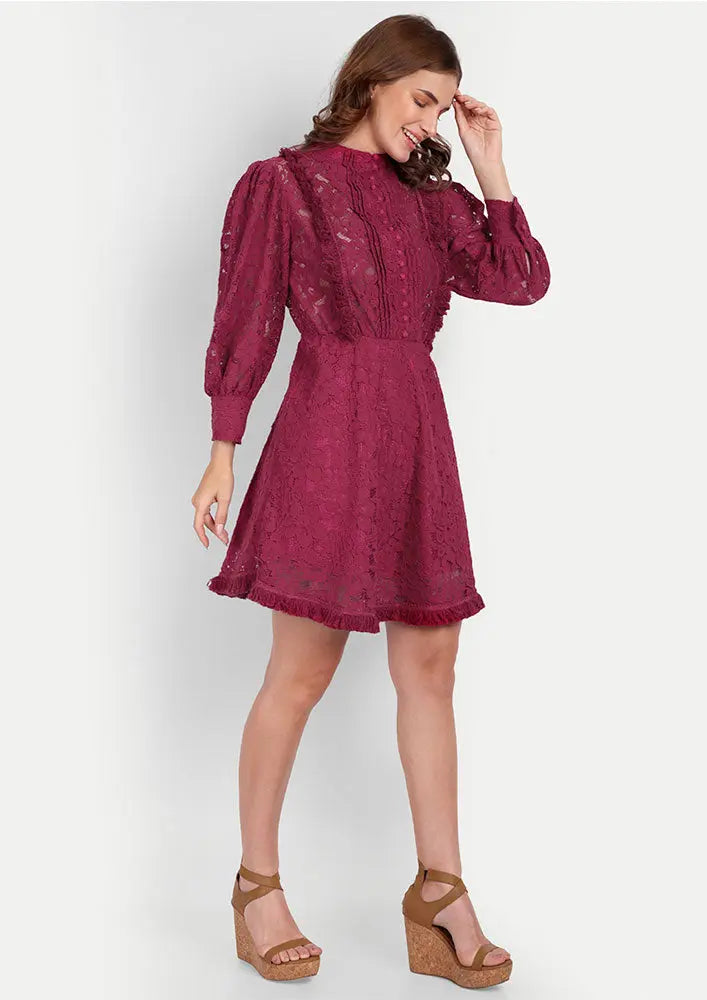 Viva Magenta Floral Lace Skater Dress With Fringe Detailing IKI CHIC Private Ltd