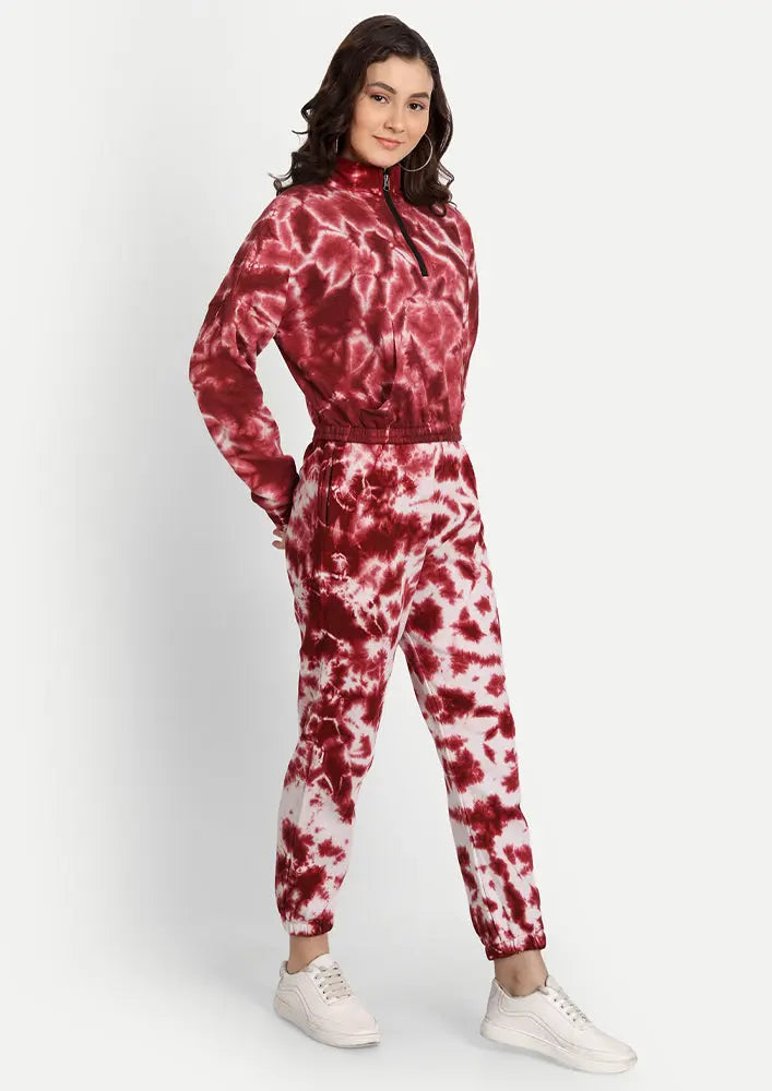 Red-White Zip-up Turtle Neck Tie-Dye Jogger Set IKI CHIC