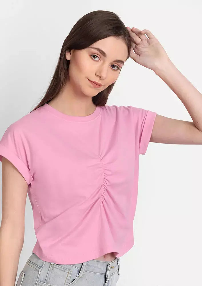 Pink Front Gathered Short Sleeve Top IKI CHIC Private Ltd