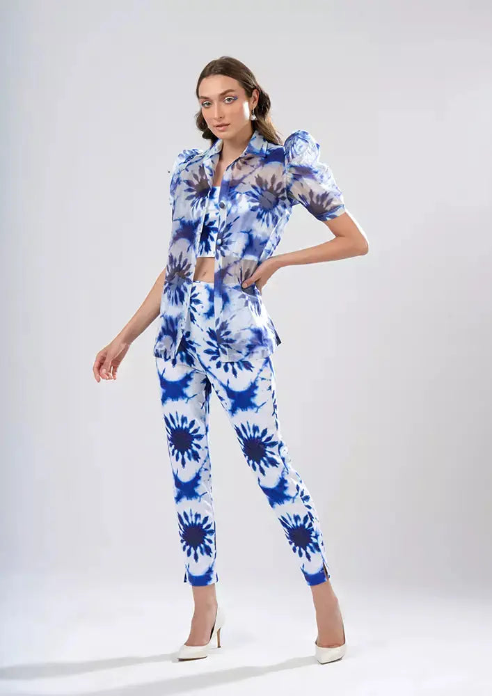 Three Piece Blue Splash Print Organza Puff Sleeve Shirt And Straight Pants With Tube Inner