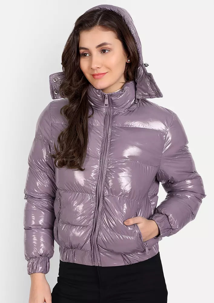 Purple Quiltted Tafetta Bomber Jacket With Hoodie