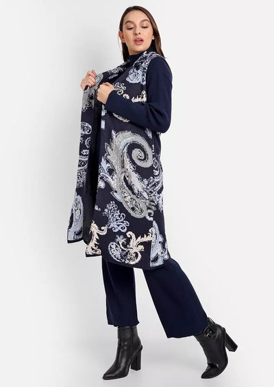 Navy Blue Knitted Sweater With Pants & Jacquard Knitted Cape