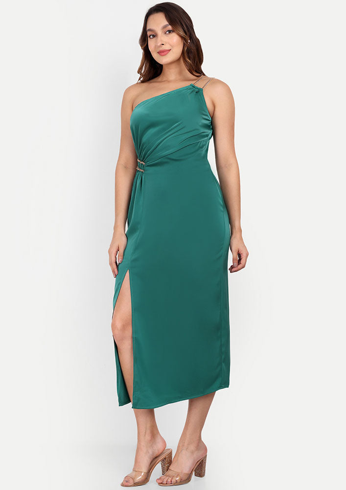 Green Satin One-Shoulder Midi Dress With Chain Straps