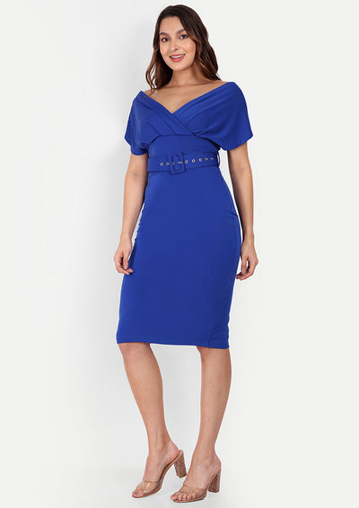 Blue Midi Bodycon Dress With A Wrap Off-Shoulder Design And A Waist Belt