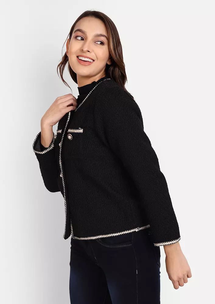 Black Tweed Front Button-Up Short Cardigan