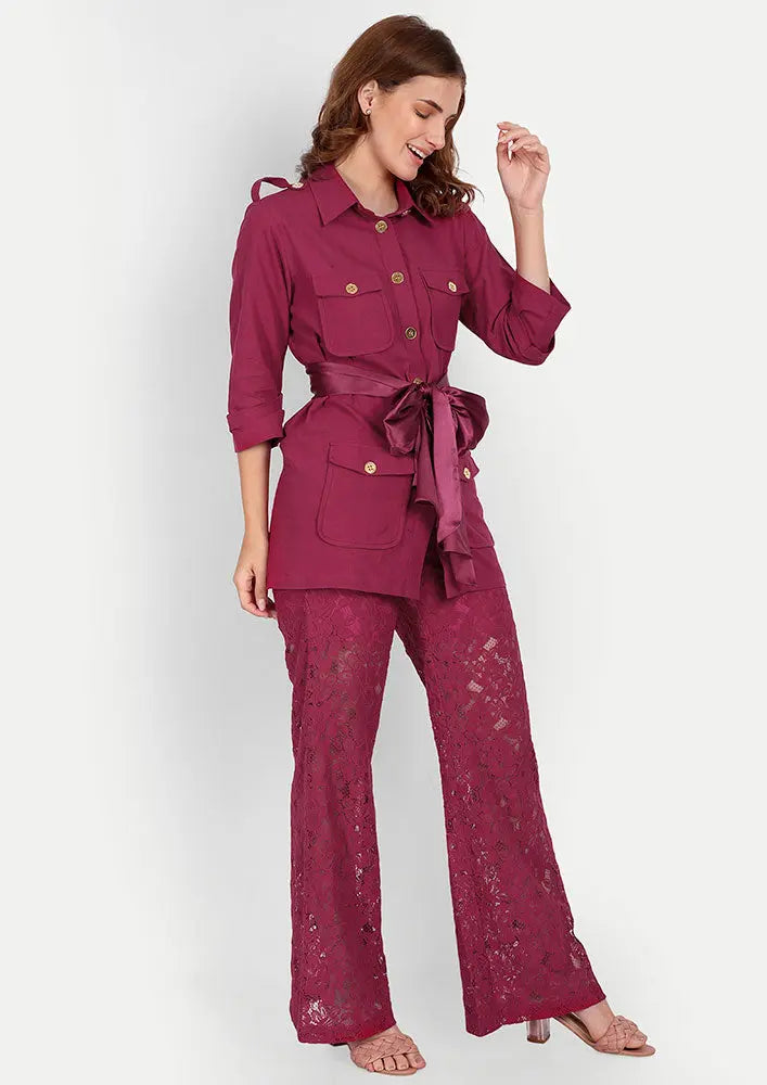 Viva Magenta Linen Shirt With Golden Button Detailing And High Waisted Lace Pants IKI CHIC Private Ltd