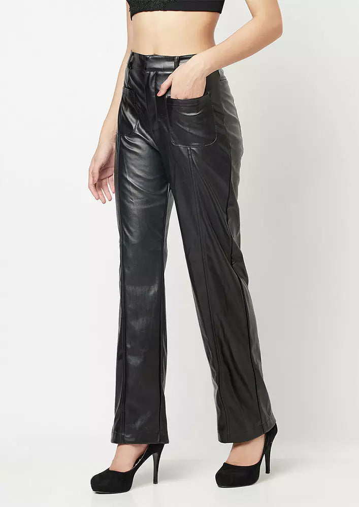 BLACK FAUX LEATHER PINTUCK DETAIL STRAIGHT LEG PANTS IKI CHIC Private Ltd