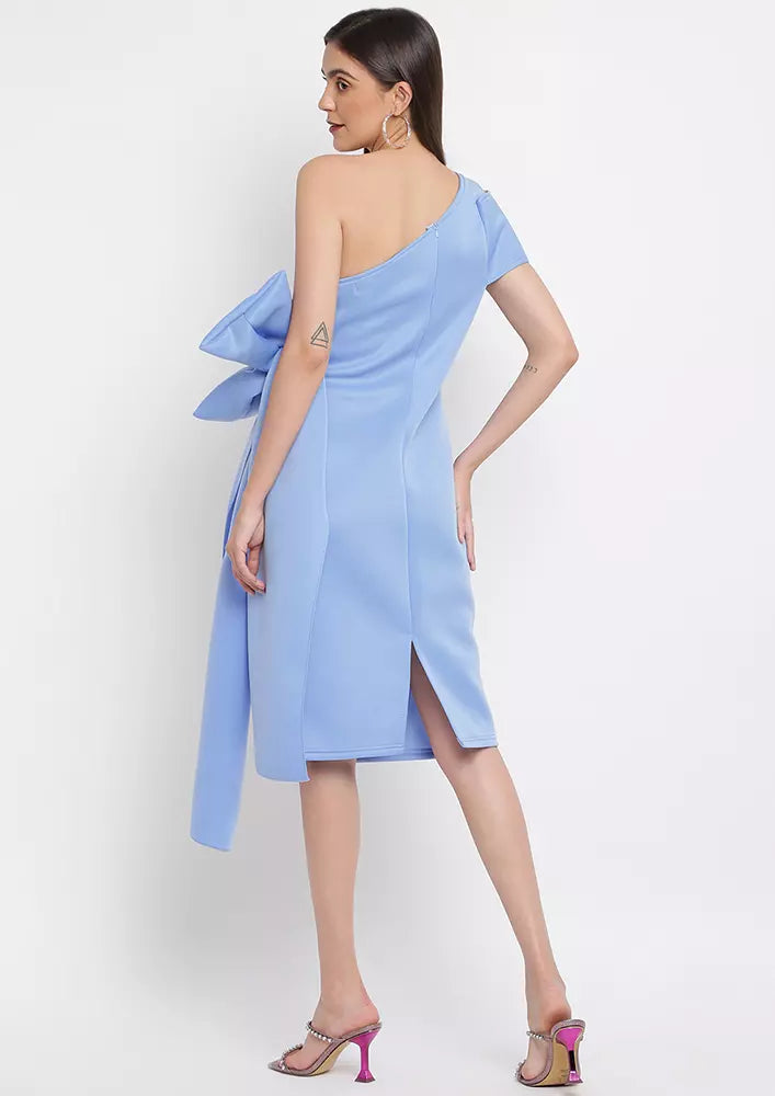 Light Blue One Shoulder Bow Design Midi Dress