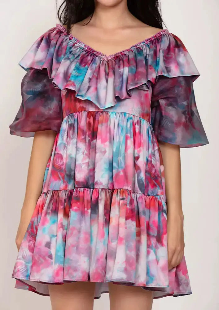 Marble Tie-Dye Print Plunge Neck Ruffle Tiered Dress IKI CHIC Private Ltd
